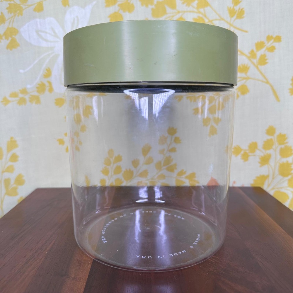 Vintage Pyrex Glass Storage Canister Avocado Green Lid Made in USA MCM Kitchen